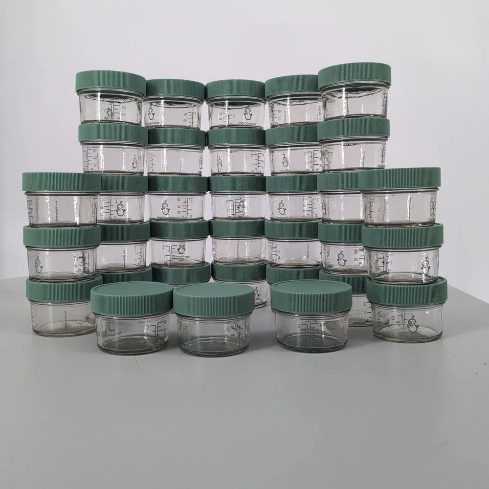 Sage Spoonfuls Glass Baby Food Storage Jars 4oz Lot of 34 Green Lids